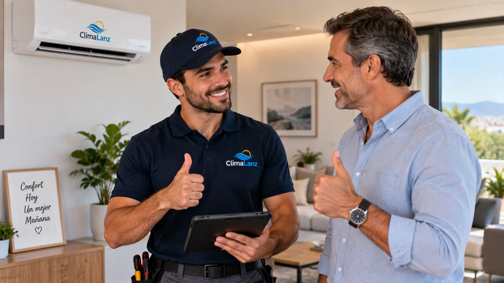 Técnico de ClimaLanz repasando la instalación terminada con el cliente en su vivienda