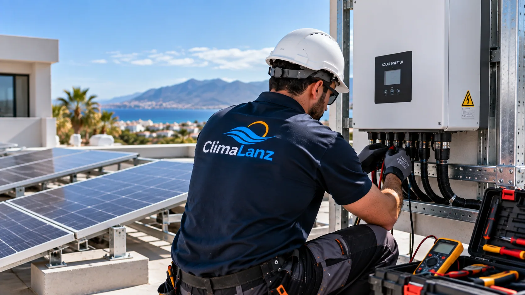 Técnico de ClimaLanz conectando el inversor de una instalación de energía en cubierta