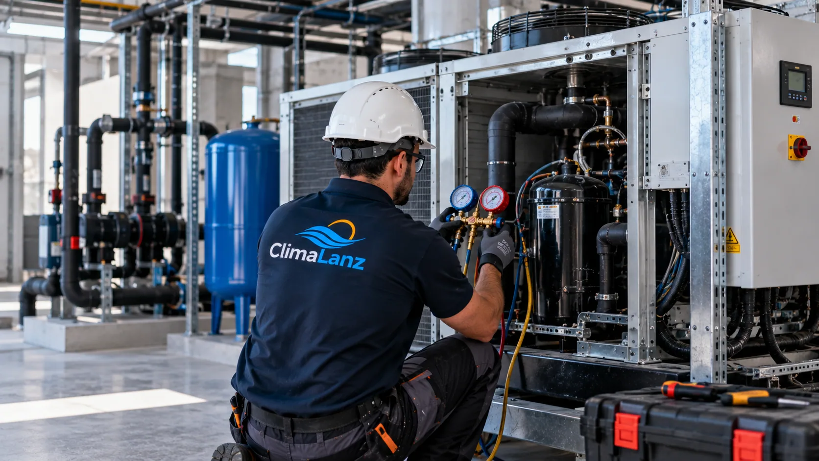 Técnico de ClimaLanz trabajando sobre una enfriadora en una sala técnica industrial