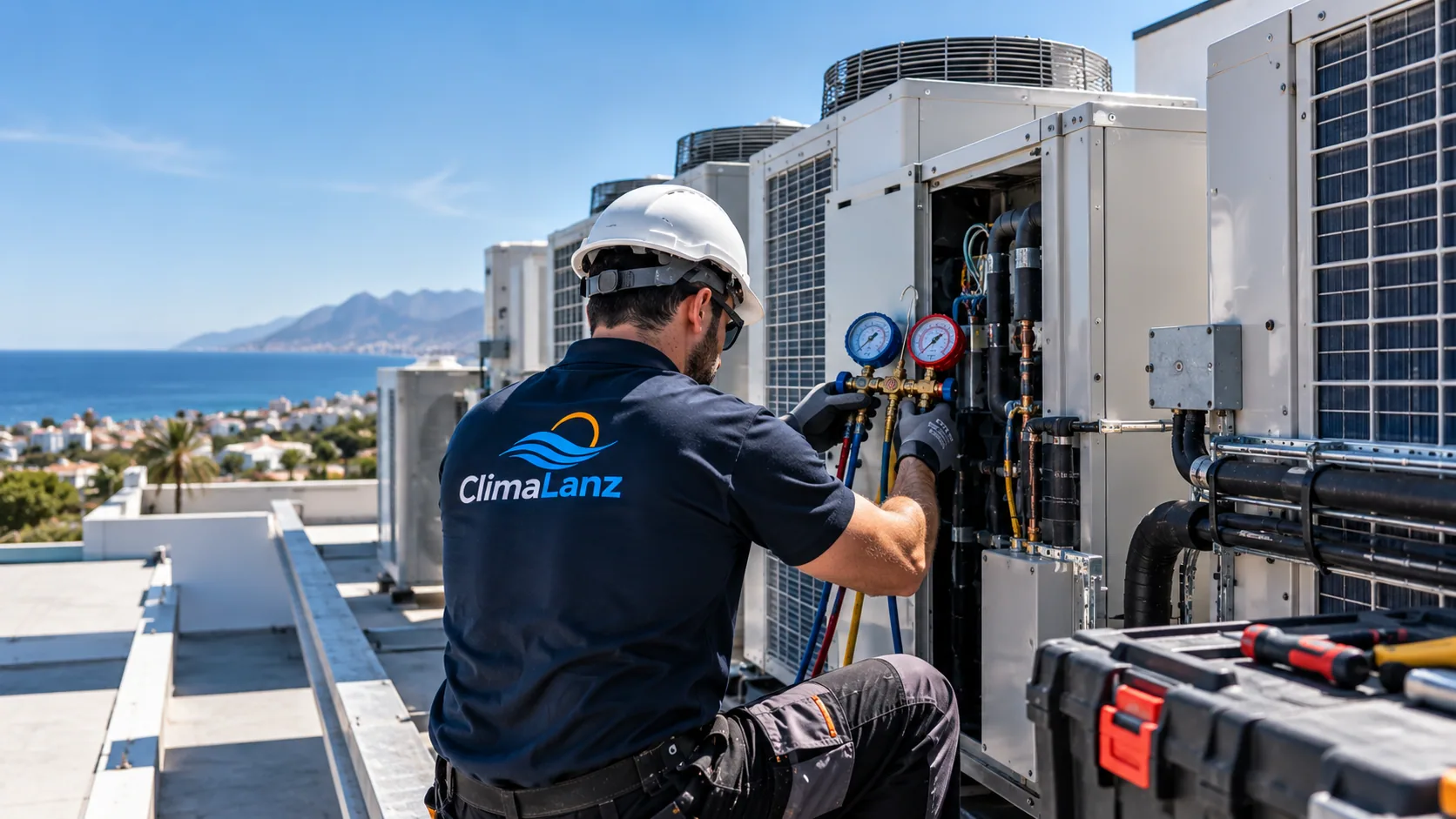 Técnico de ClimaLanz revisando equipos de climatización en una cubierta frente al Atlántico