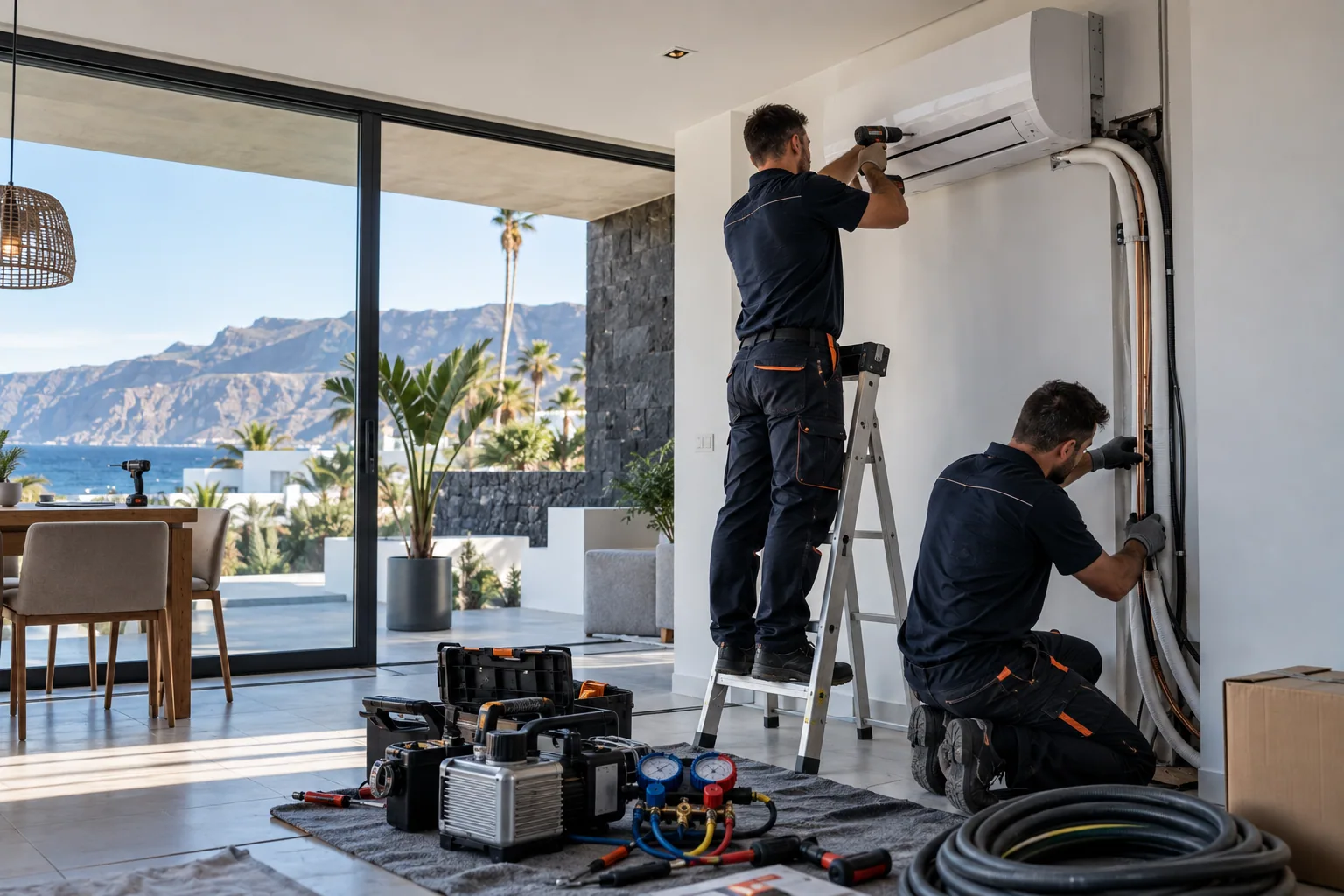 Equipo de ClimaLanz instalando climatización en el salón de una vivienda